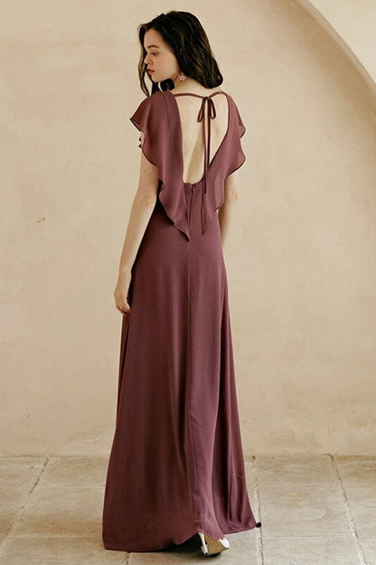 Flutter Sleeves Chiffon Long Bridesmaid Dress