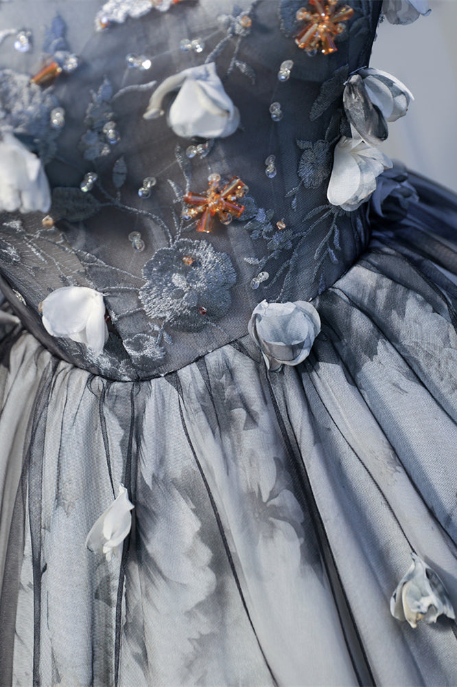 Grey Strapless Embroidery Flowers Prints Tulle Homecoming Dress