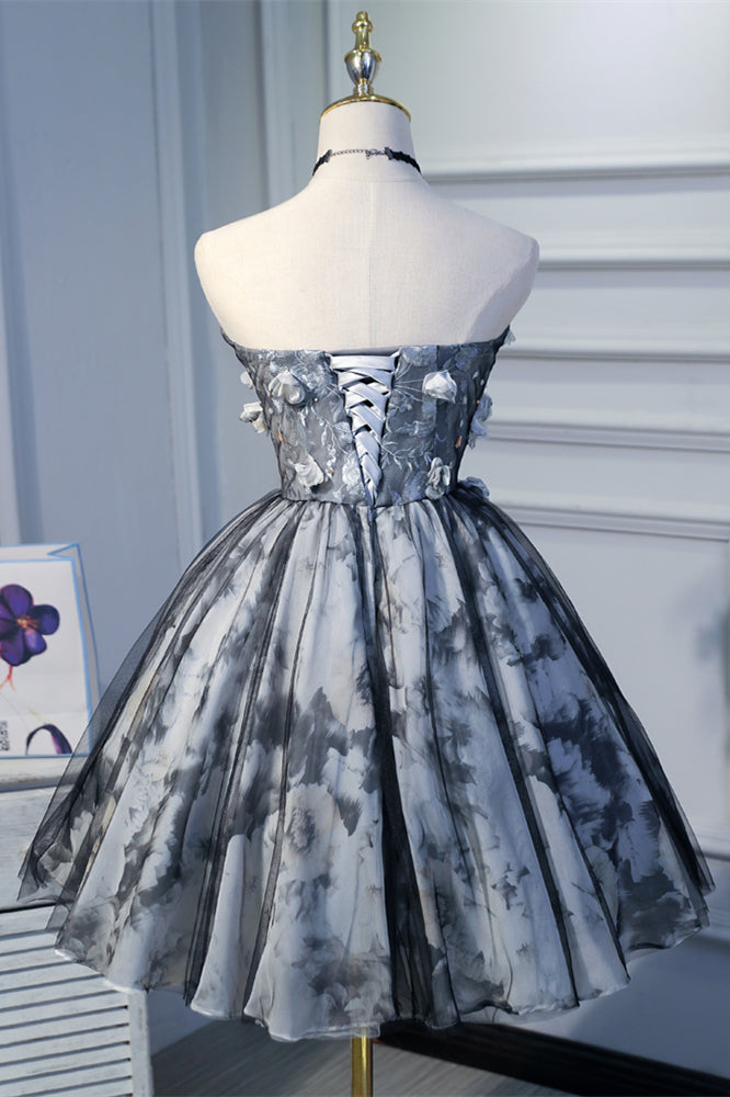 Grey Strapless Embroidery Flowers Prints Tulle Homecoming Dress