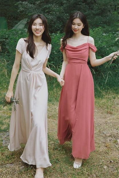 Off the Shoulder Coral Chiffon Long Bridesmaid Dress