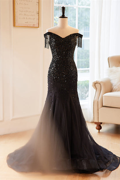 Black Mermaid Off-the-Shoulder Sequins Top Maxi Formal Dress