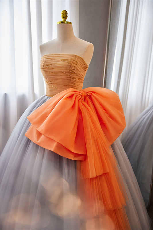 Grey Strapless A-line Tulle Long Prom Dress with Orange Bow