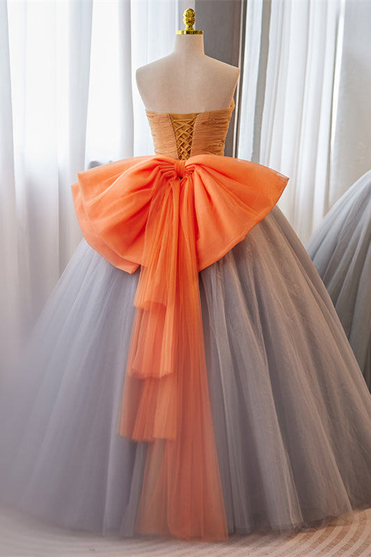 Grey Strapless A-line Tulle Long Prom Dress with Orange Bow
