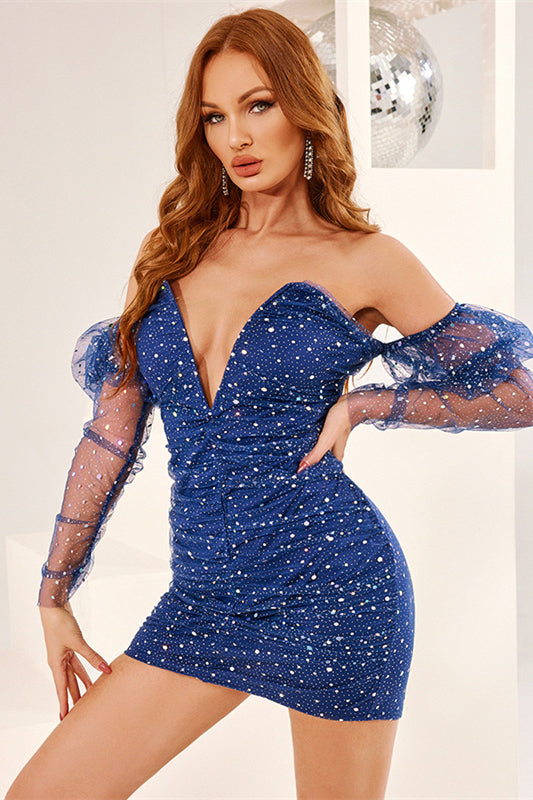 Burgundy Beaded Illusion Sleeves V Neck Homecoming Dress