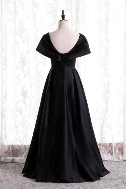 Black V Neck Satin Pleated Bat wing Sleeves Long Formal Dress