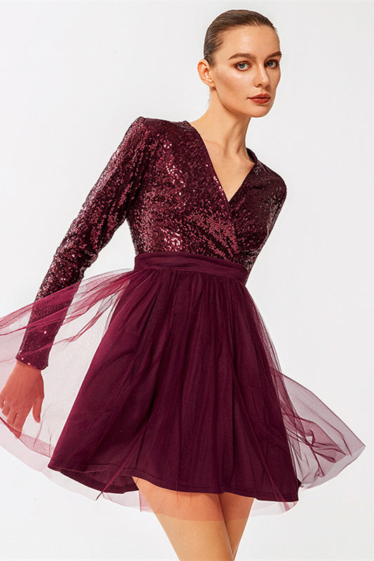 Pink Sequins Surplice Long Sleeves Tulle Homecoming Dress