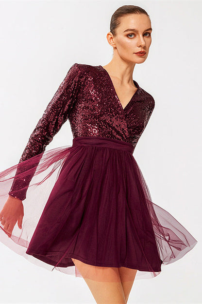 Pink Sequins Surplice Long Sleeves Tulle Homecoming Dress