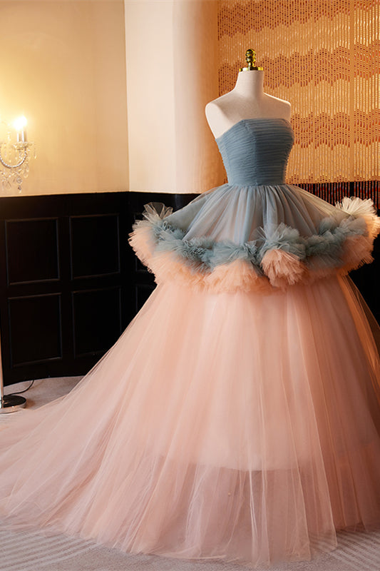 Dusty Blue and Pink Strapless Ruffle Layers Tulle Long Prom Dress