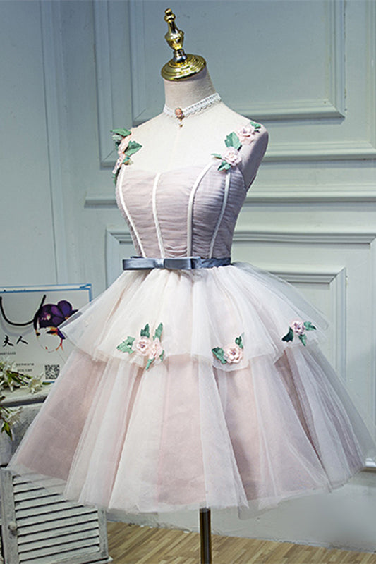 Pink Flower Straps Multi-Layers Appliques Tulle Homecoming Dress