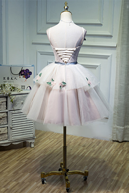 Pink Flower Straps Multi-Layers Appliques Tulle Homecoming Dress