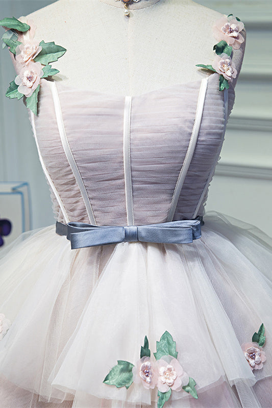 Pink Flower Straps Multi-Layers Appliques Tulle Homecoming Dress