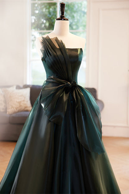 Dark Green Strapless Pleated Maxi Formal Dress with Bow