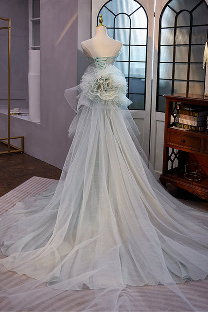 Light Green Mermaid Strapless Floral Empire Long Prom Dress with Train