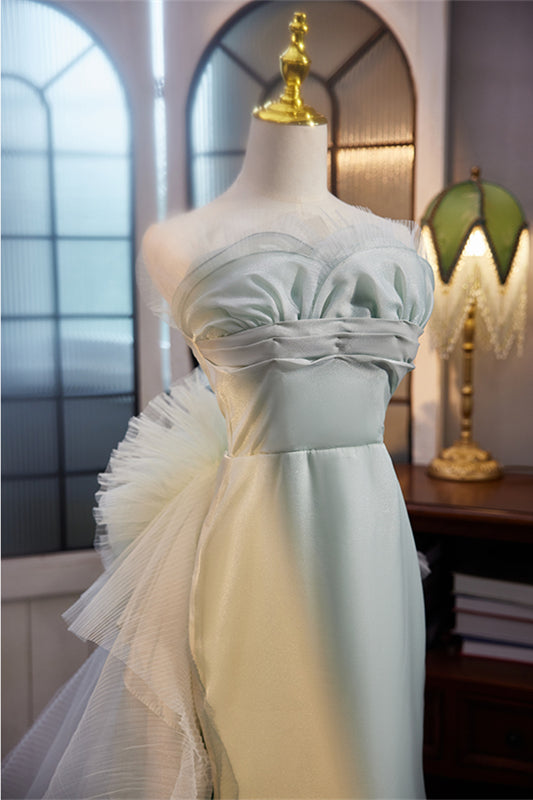 Light Green Mermaid Strapless Floral Empire Long Prom Dress with Train