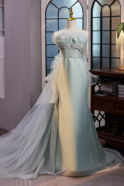 Light Green Mermaid Strapless Floral Empire Long Prom Dress with Train