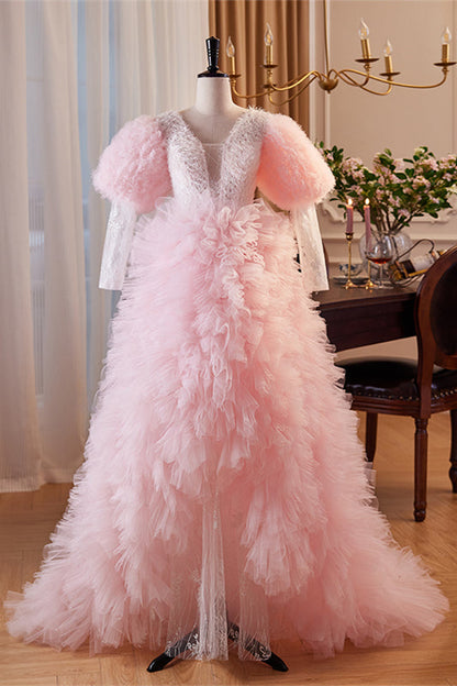 Pink Deep V Neck Lace Sleeves Ruffle-Layers Hi-Low Formal Dress with Feathers