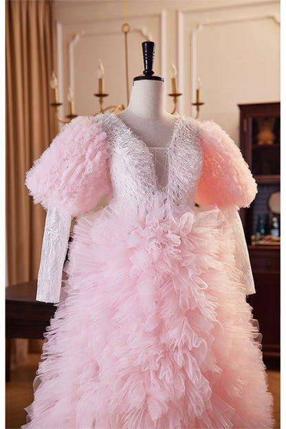 Pink Deep V Neck Lace Sleeves Ruffle-Layers Hi-Low Formal Dress with Feathers