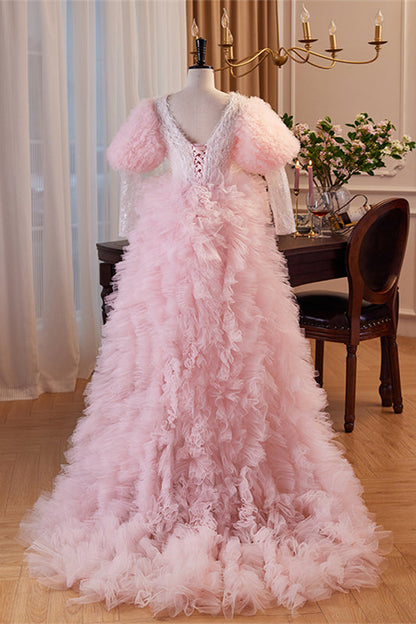 Pink Deep V Neck Lace Sleeves Ruffle-Layers Hi-Low Formal Dress with Feathers