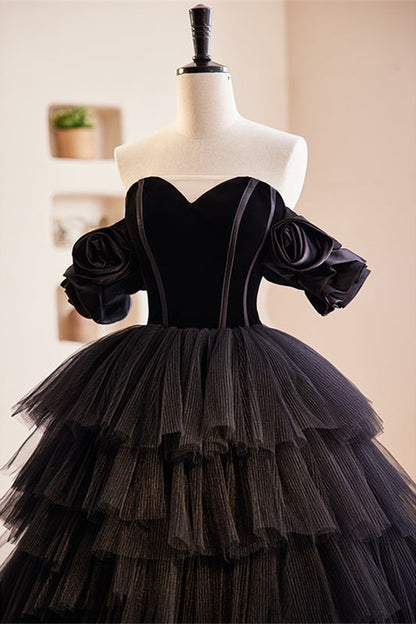 Black Flower Off-the-Shoulder Sweetheart Multi-Layers Maxi Formal Dress