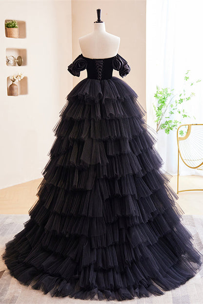 Black Flower Off-the-Shoulder Sweetheart Multi-Layers Maxi Formal Dress