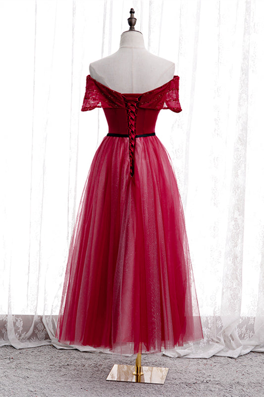 Red Folded Off-the-Shoulder Beaded Tea Length Formal Dress
