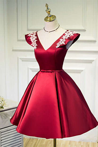 Red Flutter Sleeves V Neck Appliques Homecoming Dress with Bow