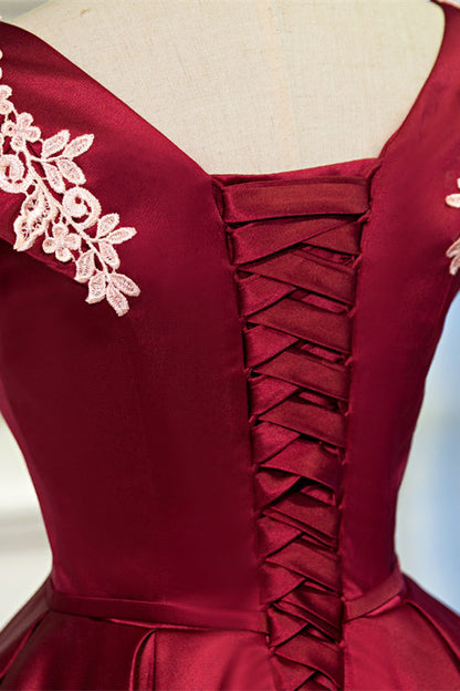 Red Flutter Sleeves V Neck Appliques Homecoming Dress with Bow