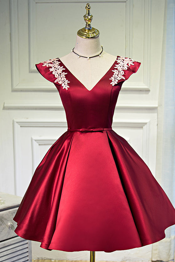 Red Flutter Sleeves V Neck Appliques Homecoming Dress with Bow