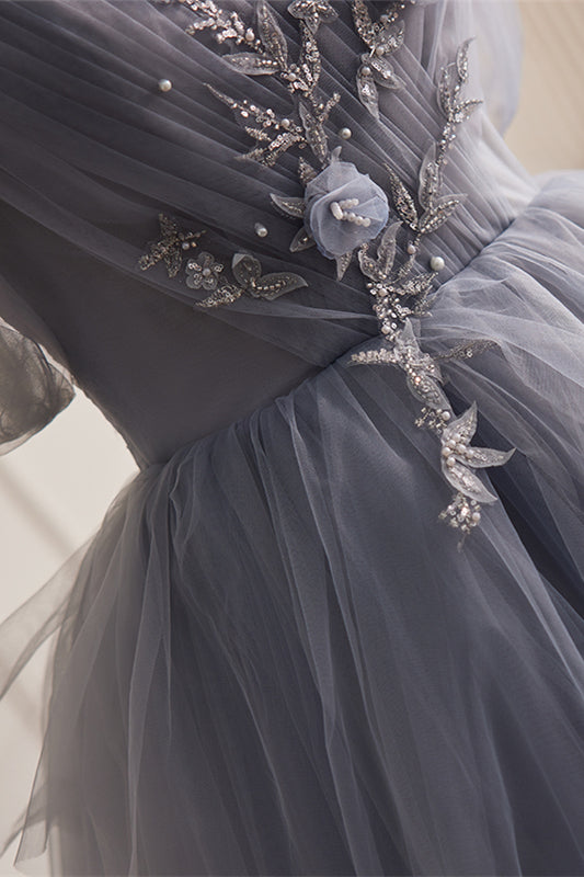 Silver Grey Off-the-Shoulder Pleated Beaded Appliques Ruffle Maxi Formal Dress