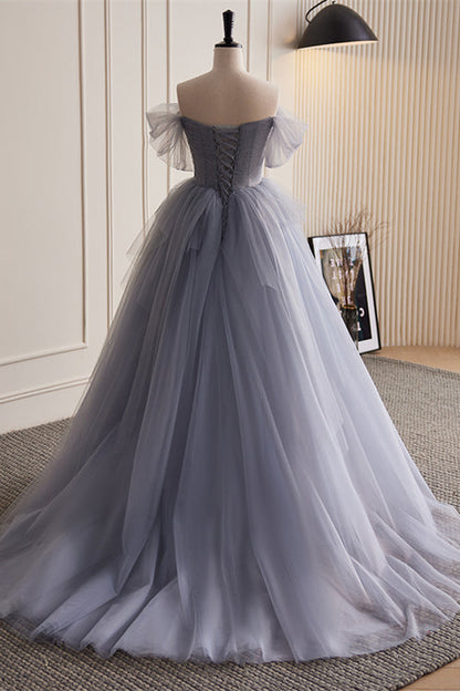 Silver Grey Off-the-Shoulder Pleated Beaded Appliques Ruffle Maxi Formal Dress