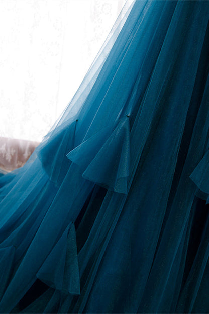 Sweetheart Sleeveless Tulle A-Line Party Prom Dress With Train
