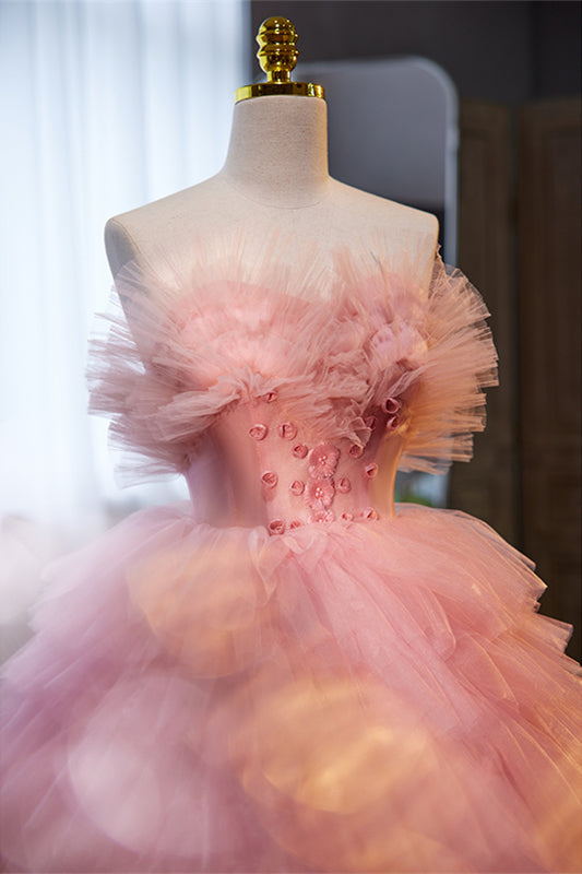 Pink Ruffled Strapless A-line Multi-Layers Long Prom Dress