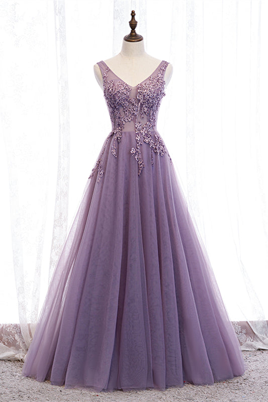 V-Neck Backless Tulle A-Line Lace Appliques Party Prom Dress