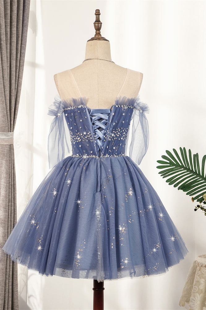 Lavender Illusion Off-the-Shoulder Beaded Ruffle Tulle Homecoming Dress