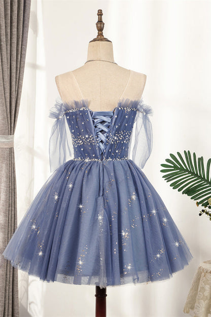 Lavender Illusion Off-the-Shoulder Beaded Ruffle Tulle Homecoming Dress
