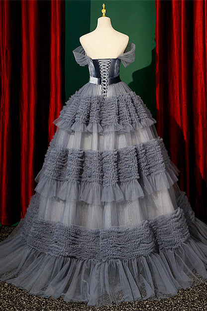 Mist Off-the-Shoulder Ruffle-Layers Maxi Formal Dress with Sash