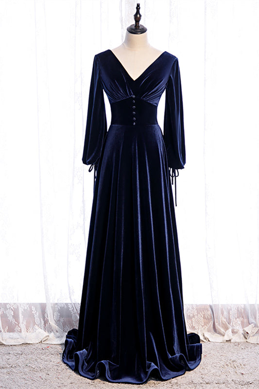 Long Sleeves Empire V-Neck A-Line Velvet Party Evening Dress