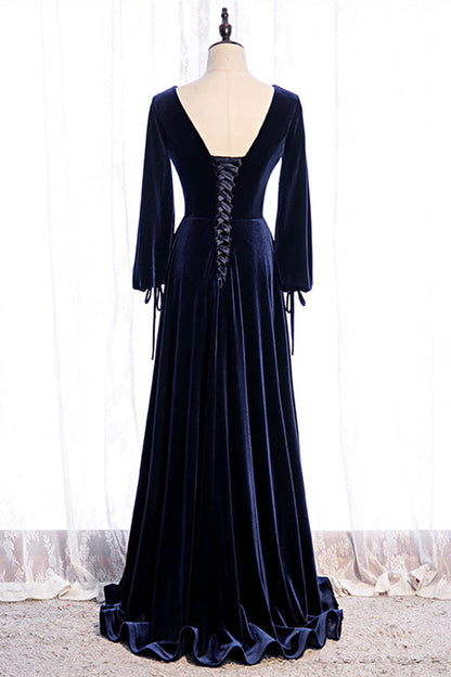 Long Sleeves Empire V-Neck A-Line Velvet Party Evening Dress