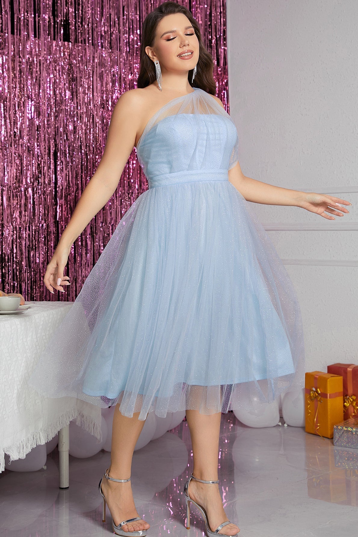 Sparkly Light Blue Illusion One Shoulder Tulle Homecoming Dress