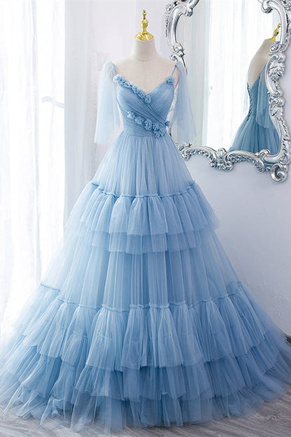 Light Blue V Neck Flaunt Sleeves Flowers Multi-Layers Maxi Formal Dress