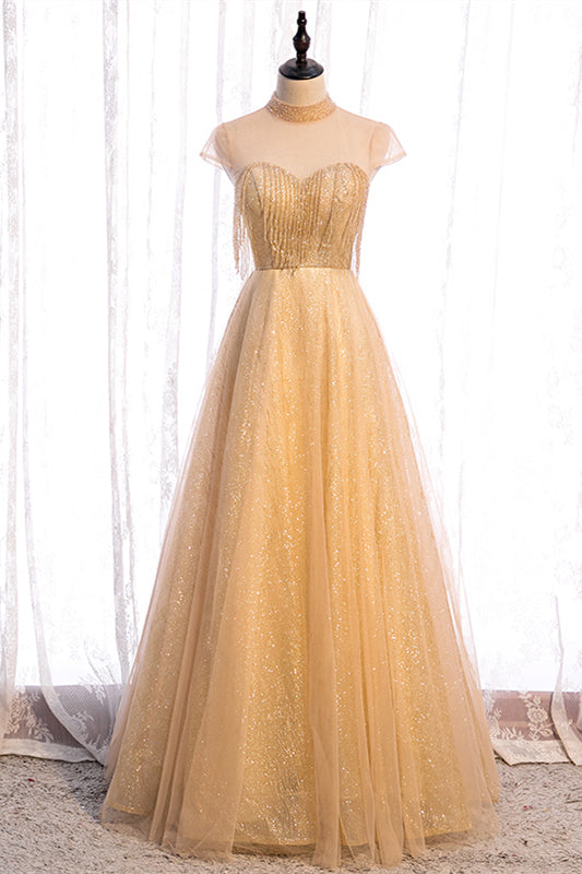 High Neck Cap Sleeves Tulle A-Line Sparkly Party Evening Dress