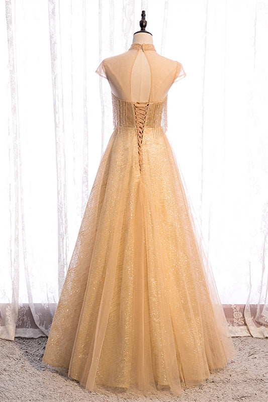 High Neck Cap Sleeves Tulle A-Line Sparkly Party Evening Dress
