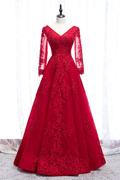 V-Neck Long Sleeves A-Line Lace Appliques Party Evening Dress
