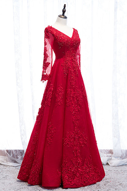 V-Neck Long Sleeves A-Line Lace Appliques Party Evening Dress