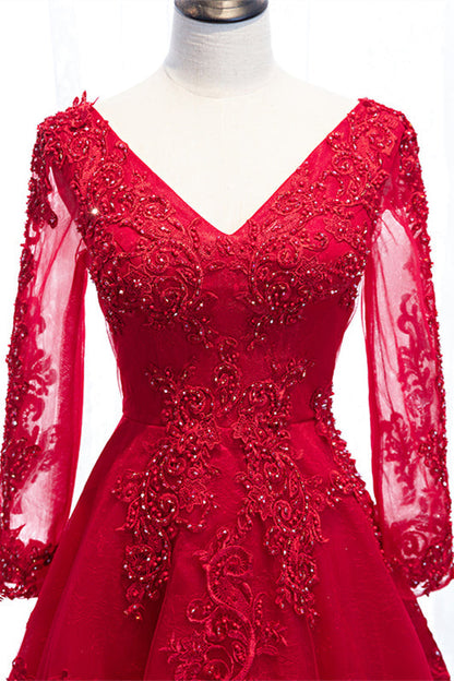V-Neck Long Sleeves A-Line Lace Appliques Party Evening Dress
