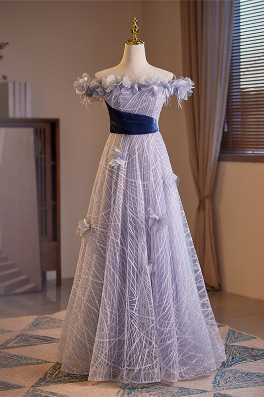 Lavender Off-the-Shoulder Flowers A-line Lace-Up Long Prom Dress