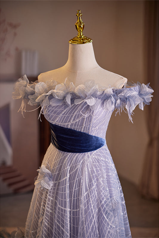 Lavender Off-the-Shoulder Flowers A-line Lace-Up Long Prom Dress