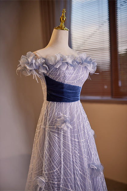 Lavender Off-the-Shoulder Flowers A-line Lace-Up Long Prom Dress