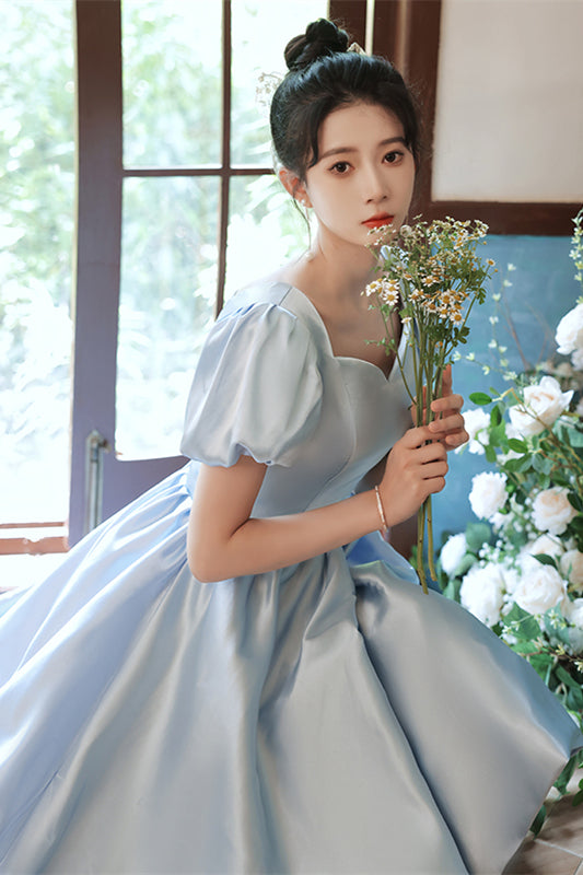 Light Blue Satin Hi-Low Puff Sleeves Homecoming Dress