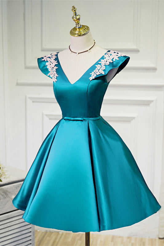 Red Flutter Sleeves V Neck Appliques Homecoming Dress with Bow
